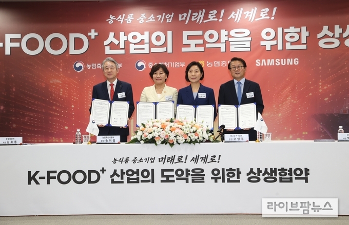 K-Food+ 산업의 도약을 위한 상생협약 기념 사진(왼쪽부터 농협중앙회 강호동 회장, 농식품부 송미령 장관, 중기부 오영주 장관, 삼성전자 박승희 사장)