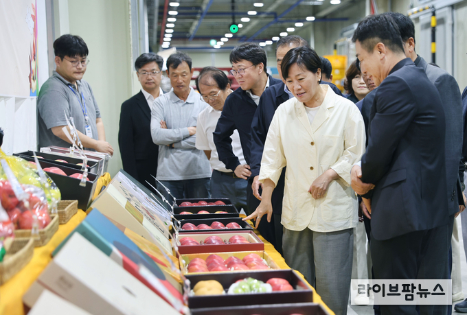 송미령 농림축산식품부 장관은 22일 오후, 충북 보은군 삼승면 소재 충북원예농협 과수 거점 산지유통센터(APC)를 찾아 추석 성수기용 사과 선별·출하 현장을 격려하고, 사과 재배농가를 찾아 생육 상황을 점검했다.